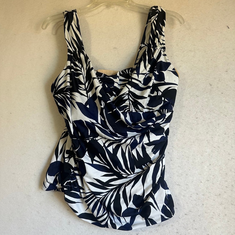 Lands End Navy White Tropical Palm Leaf Surplice Tankini Top 18W Shelf Bra